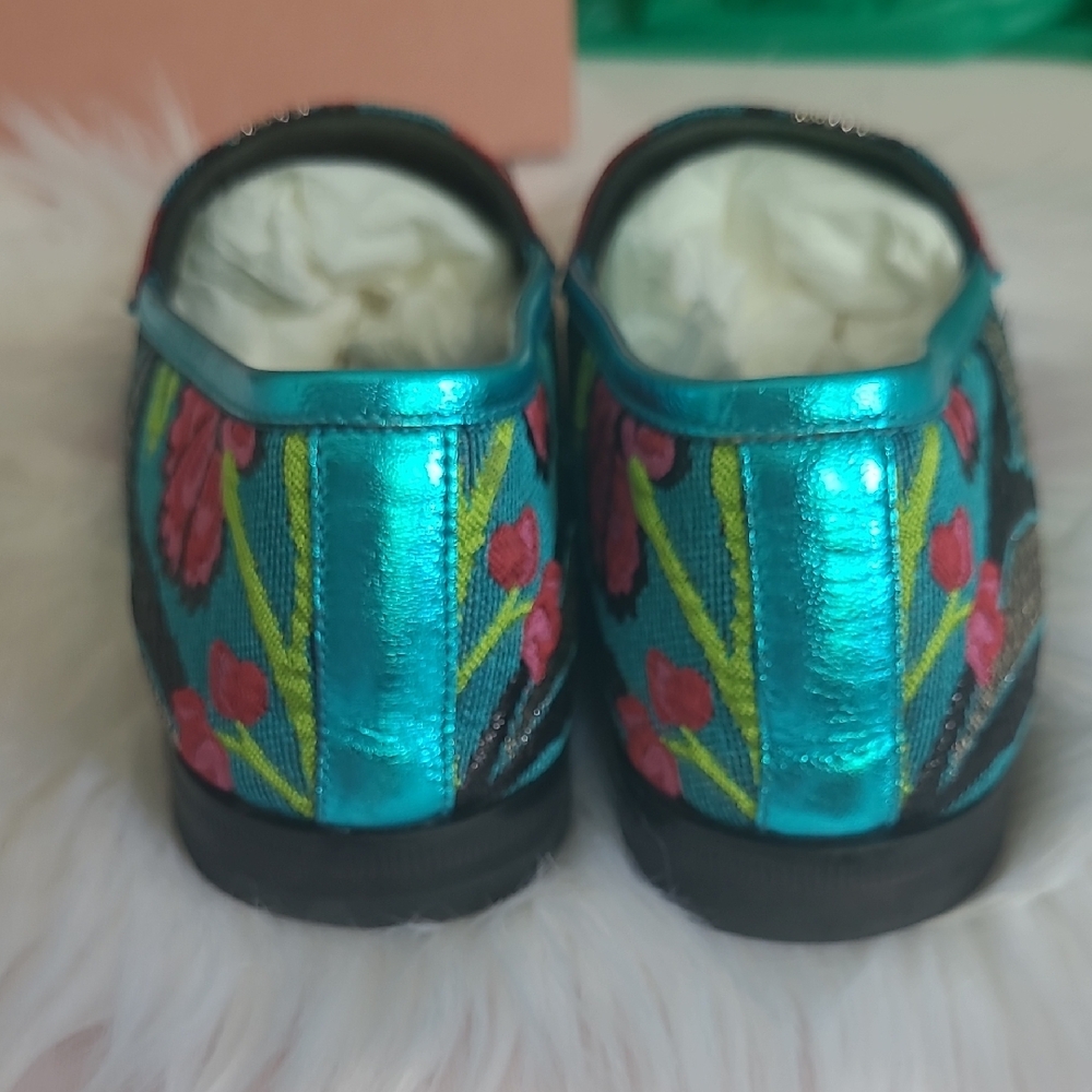 Gucci Tapastry Brocade Nappa Silk Blue and Pink Floral Horsebit Loafers Size 37 - Picture 5 of 6